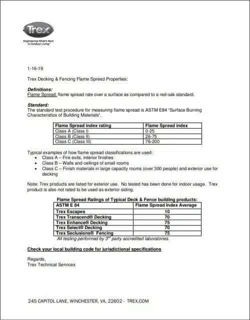 Screenshot of Trex Flame Spread Bulletin