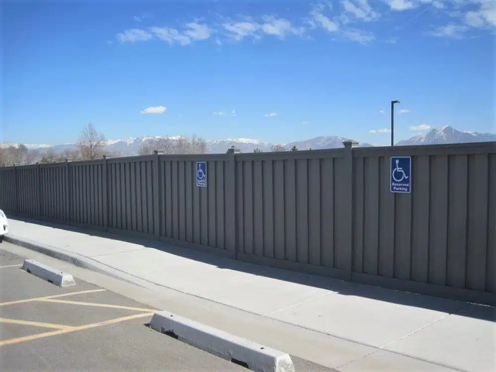Nelson Labs, Utah. Trex Fencing A Trex fence running along a sidewalk in the Nelson Labs parking lot.
