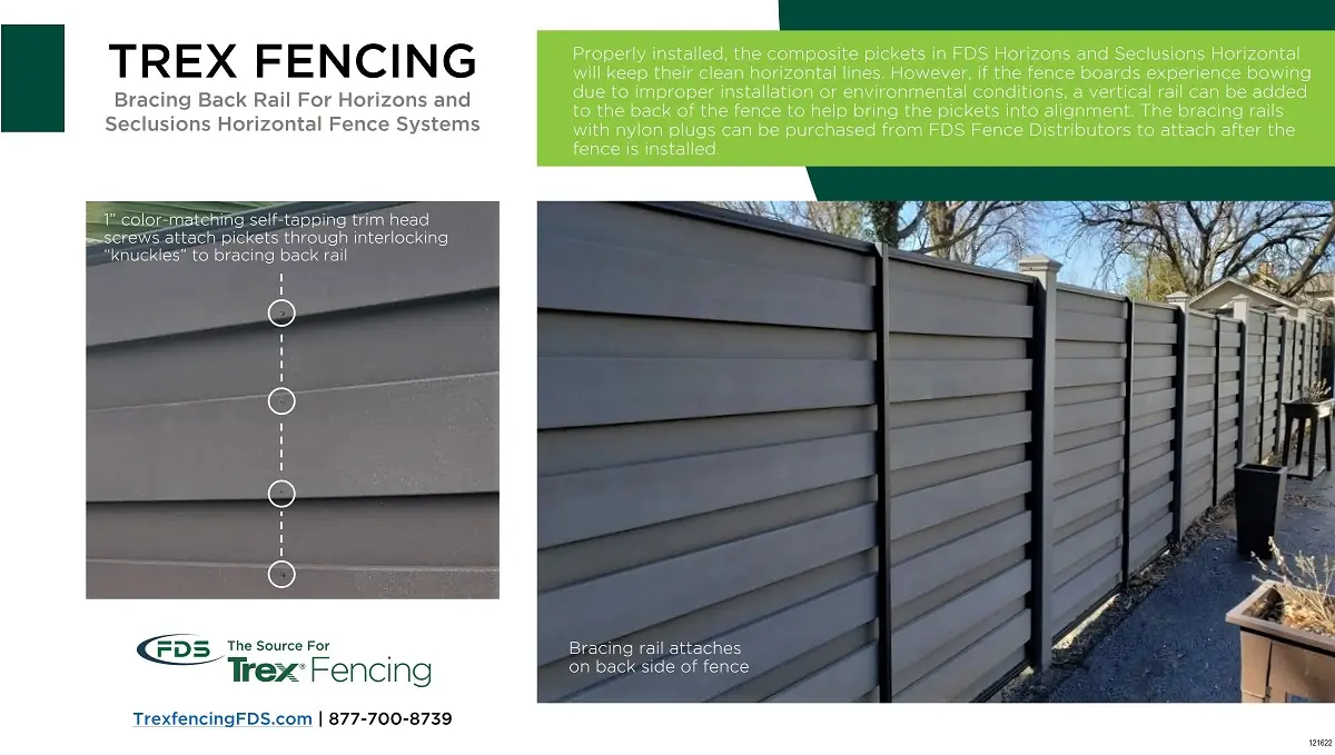Trex Horizons Vertical Back Bracing Rail Flyer describing the use of a vertical back bracing rail for Trex horizontal fencing.